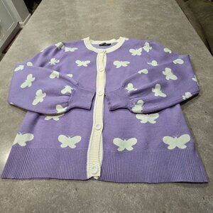 SHEIN Women's Lilac White Butterfly Print Button Down L/S Cardigan - Size Small